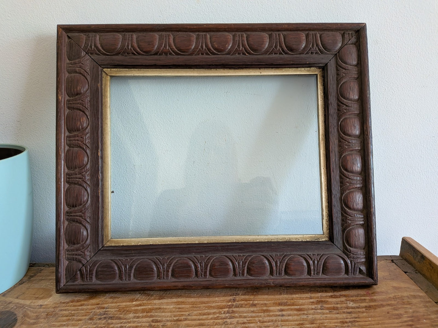 1920s Antique Oak Picture Frame Art Deco With Original Glazing Photo Art Carved