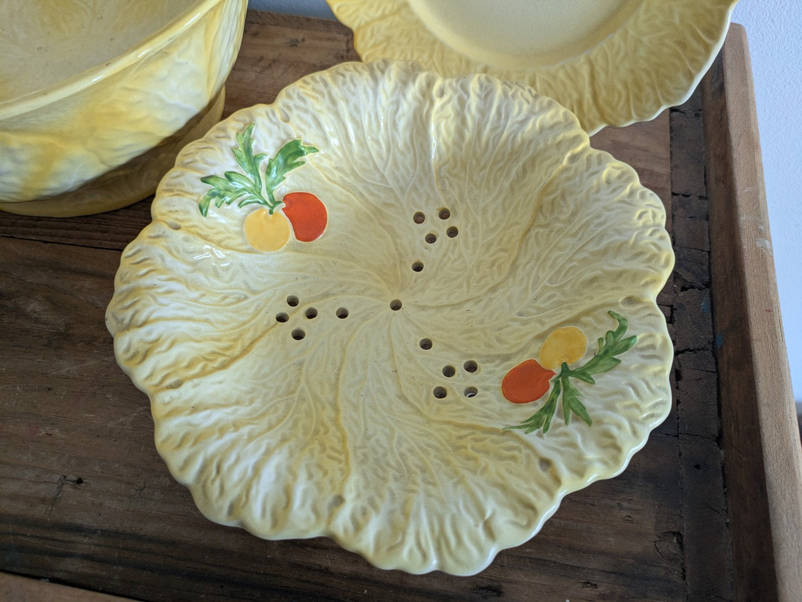 Falcon Ware Yellow Fruit Bowl Leaf Plate Painted Fruits Spring Art Deco Sieve