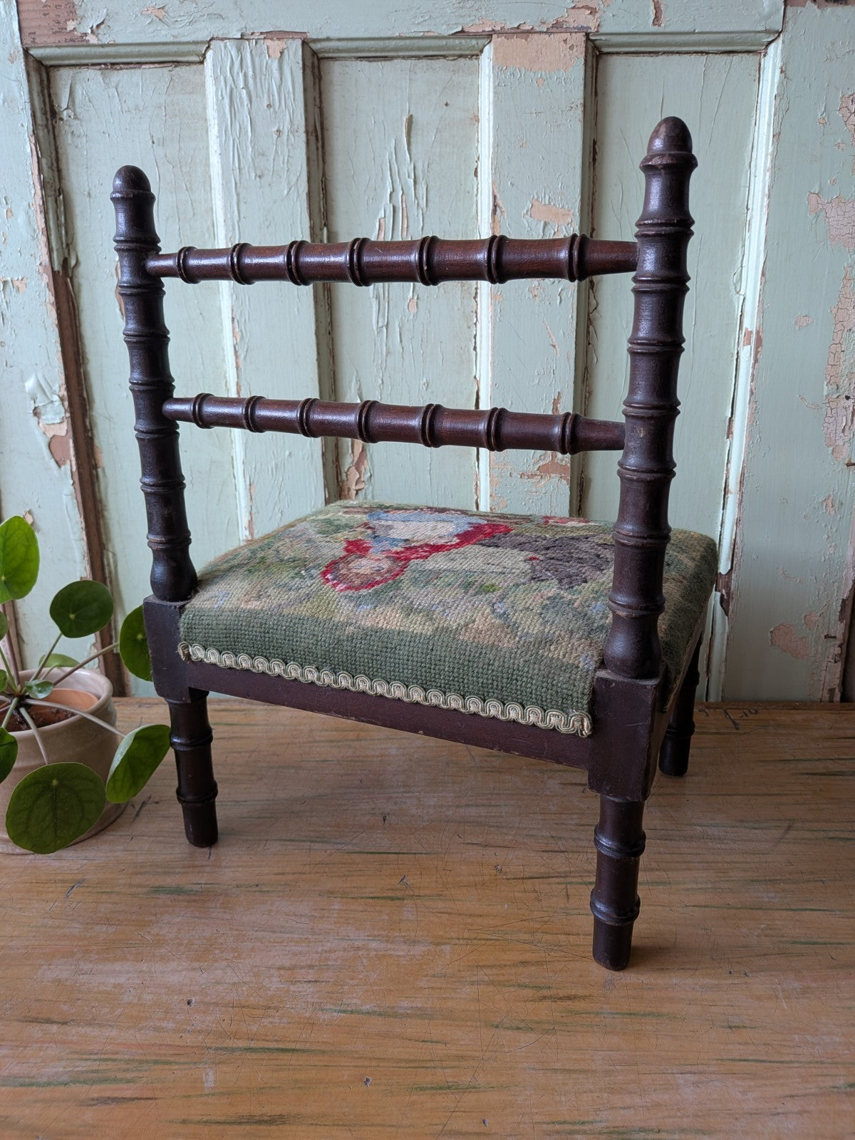 Antique Bobbin Faux Bamboo Childs Chair Apprentice Tapestry Seat Red Riding Hood