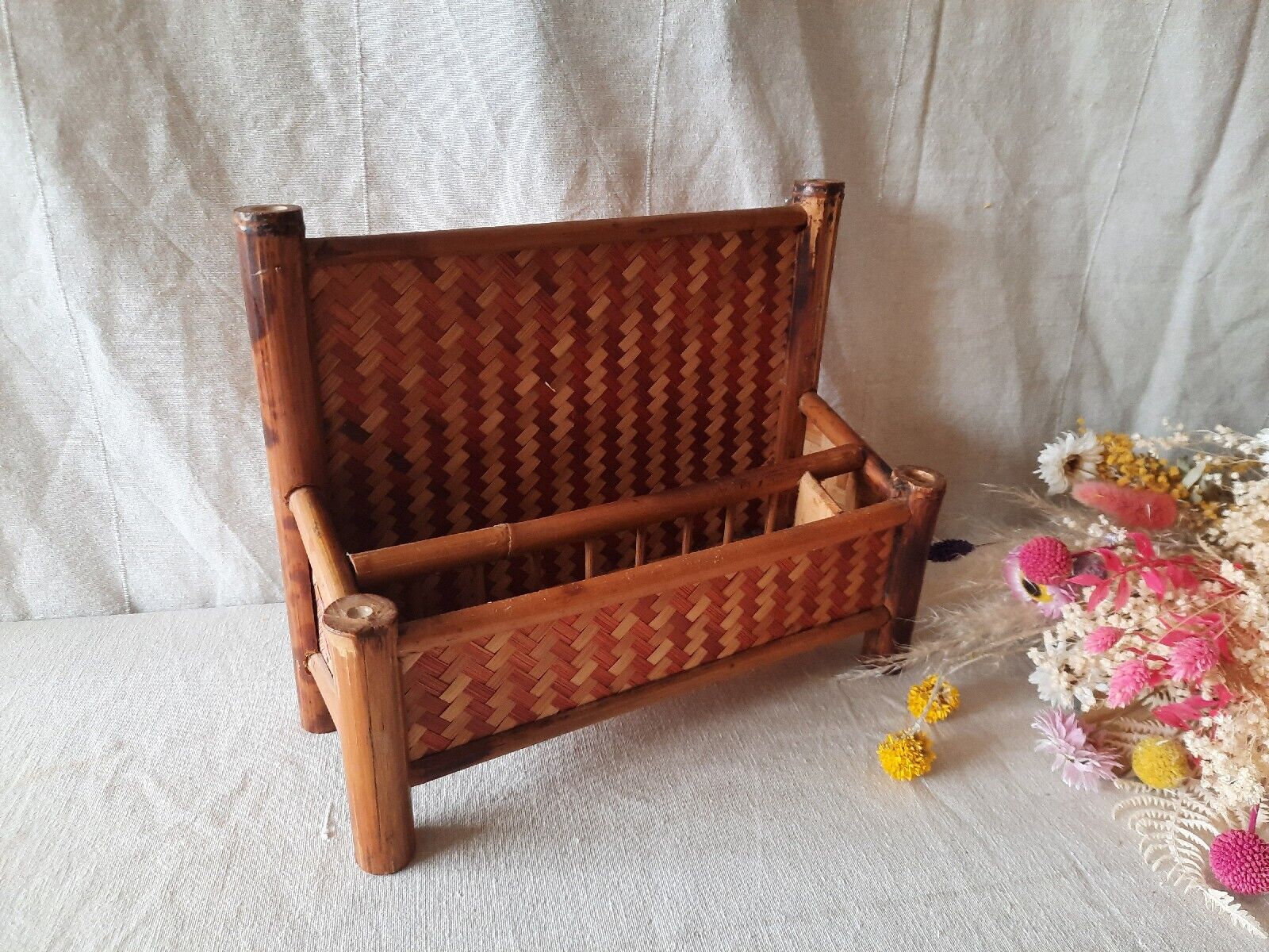 VINTAGE TIKI BAMBOO LETTER RACK SHELF DESK TIDY BOHO CANE RED  RETRO MIDCENTURY