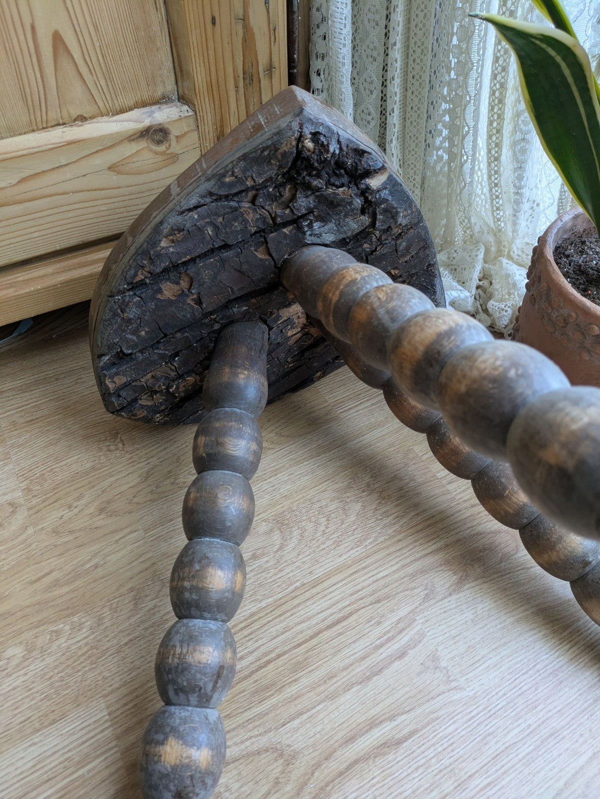 Antique 19th Century Vintage French Tripod Bobbin Leg Stool Plant Or Lamp Stand