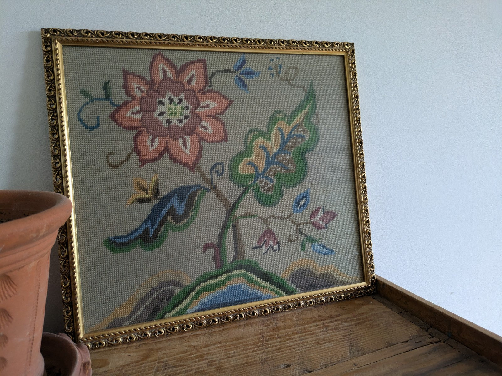 Vintage 1960s Floral Tapestry Embroidery Cross Stitch Picture Framed Tree Life