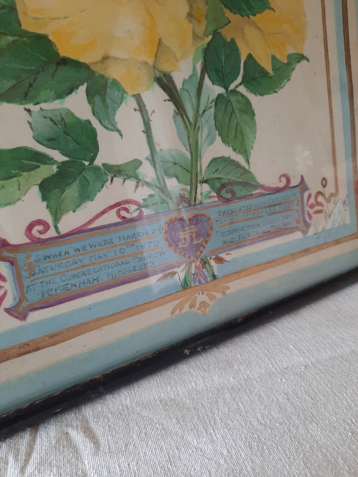 1970s Original Vintage Still Life Of Roses Painting Hand Dye Yellow Wedding Rare