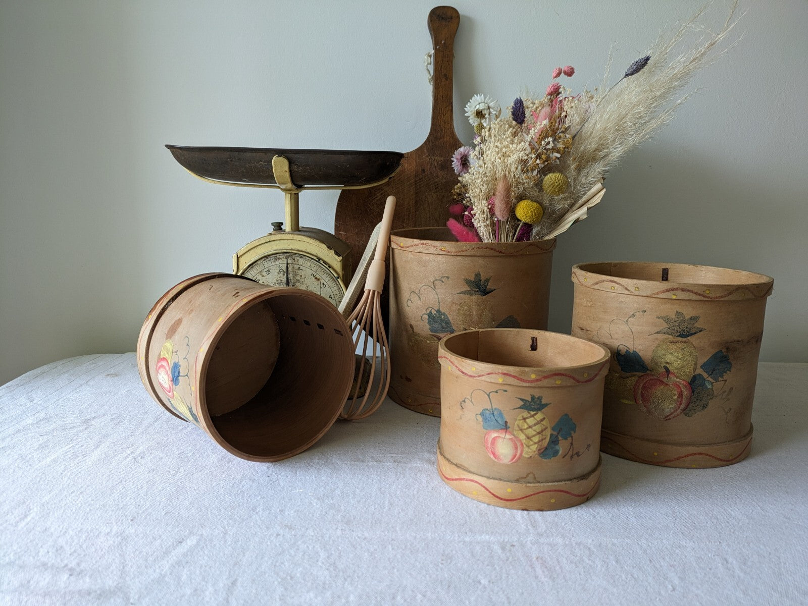 Vtg Canister Set Fruit Wood Rustic Farm House Utensil Decor Bentwood Rare Pots