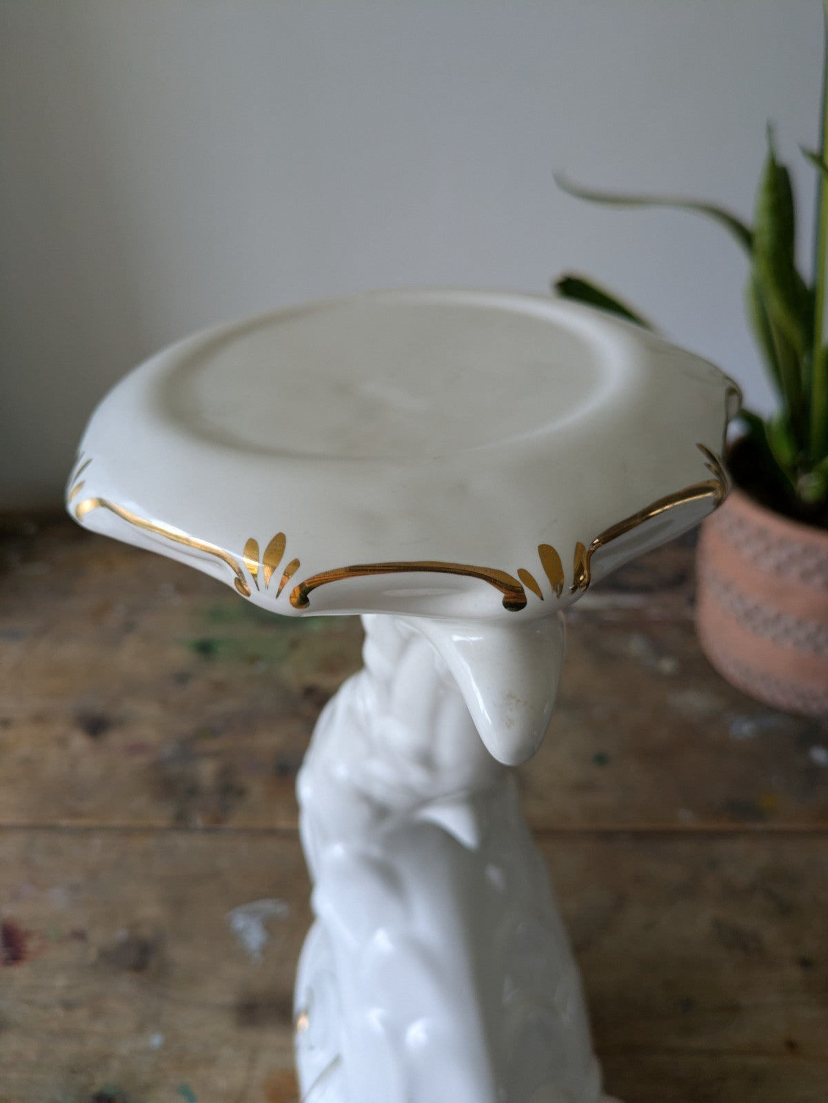 XL DOLPHIN CERAMIC CAPODIMONTE ITALIAN WHITE MID CENTURY VTG PLANT STAND TABLE