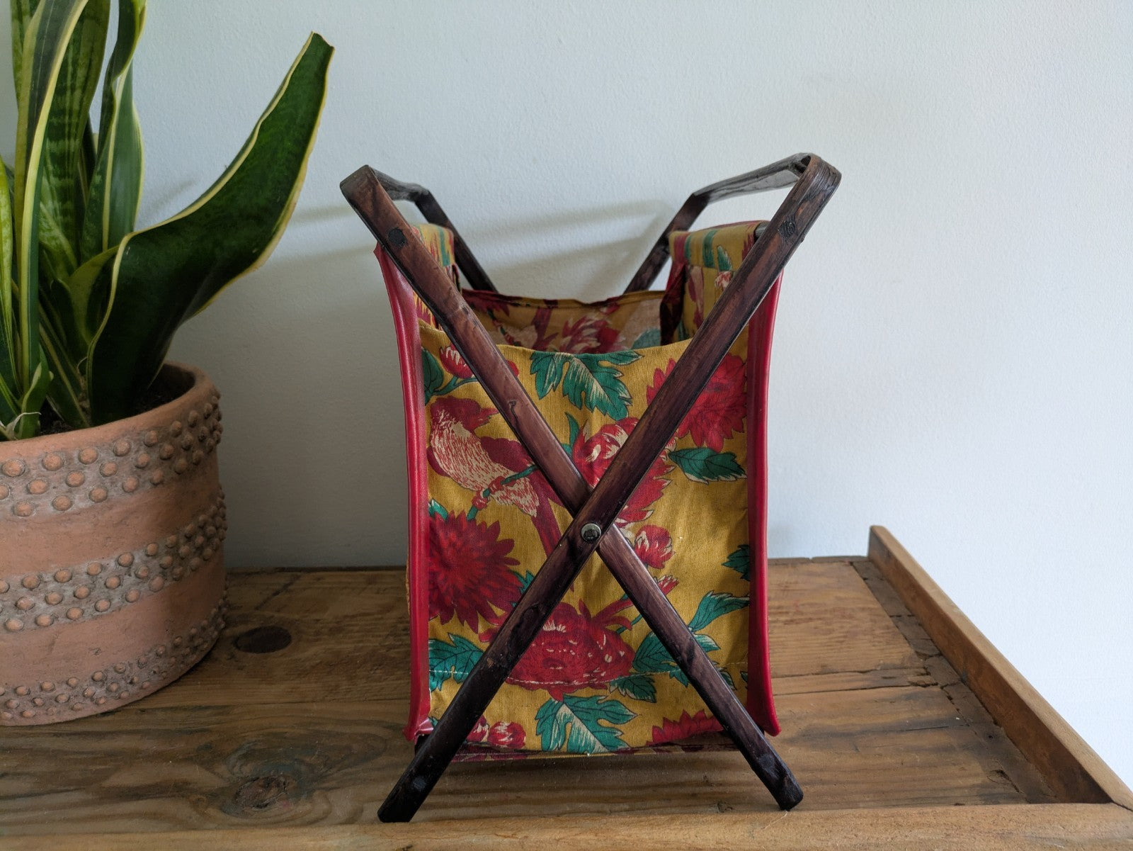 Vintage Folding Sewing Bamboo Woven Applique Magazine Tiki Rack Newspaper Basket