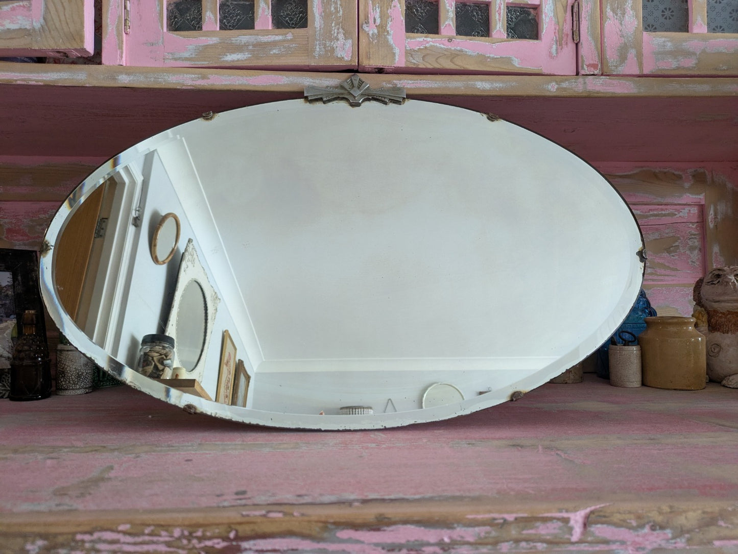 Art Deco Bevel Edge Wall Mirror Frameless & Chain Bevel Edge Oval Vintage Finial