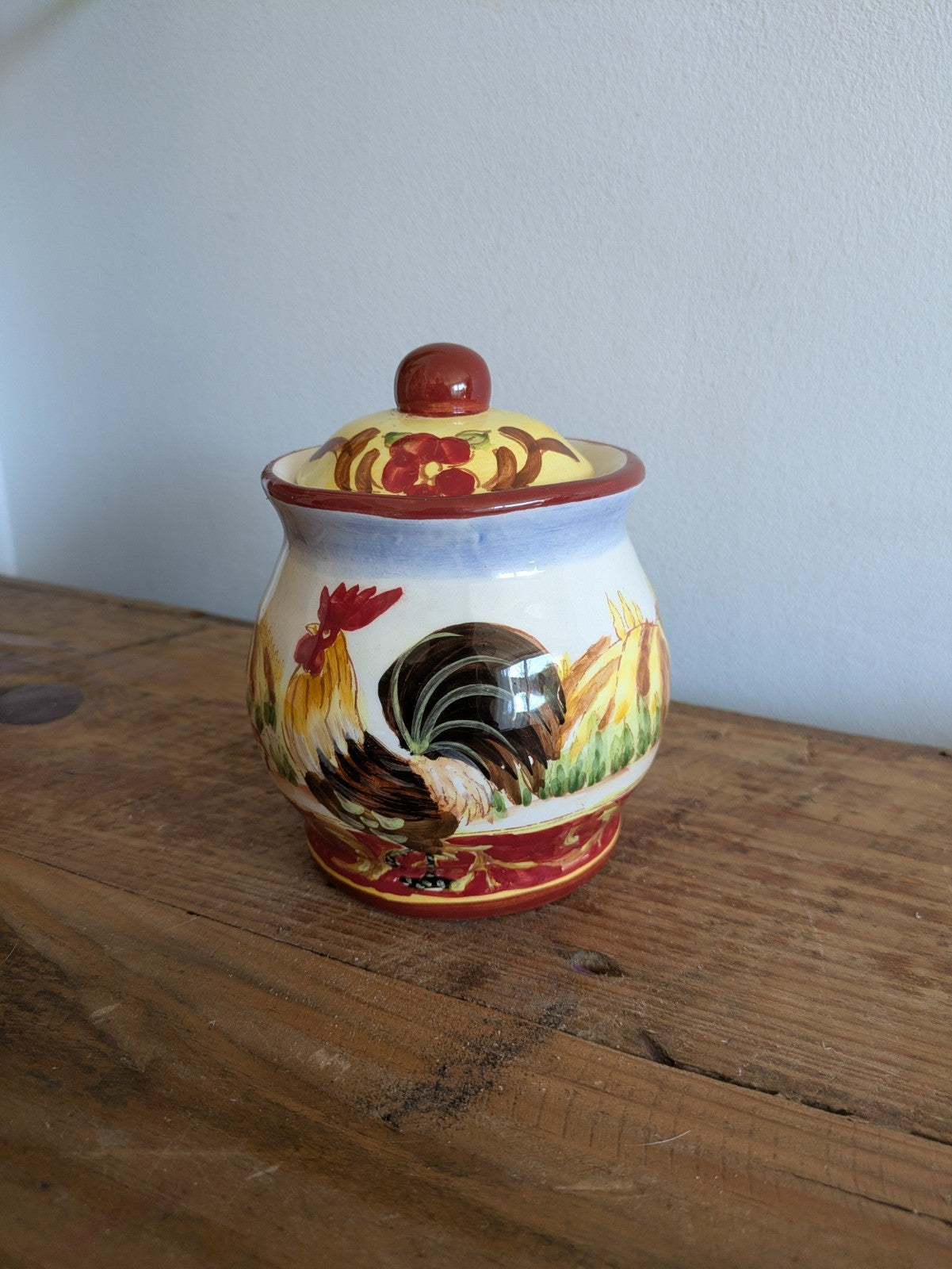 Provincial Rooster French Pottery Farmhouse Kitchen Canister Pot Lid Jar Painted
