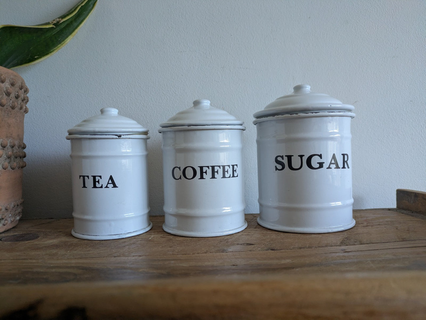 Vintage White Enamel Canisters Set Metal Tins Jars Antique Vgc Shabby Chic Clean