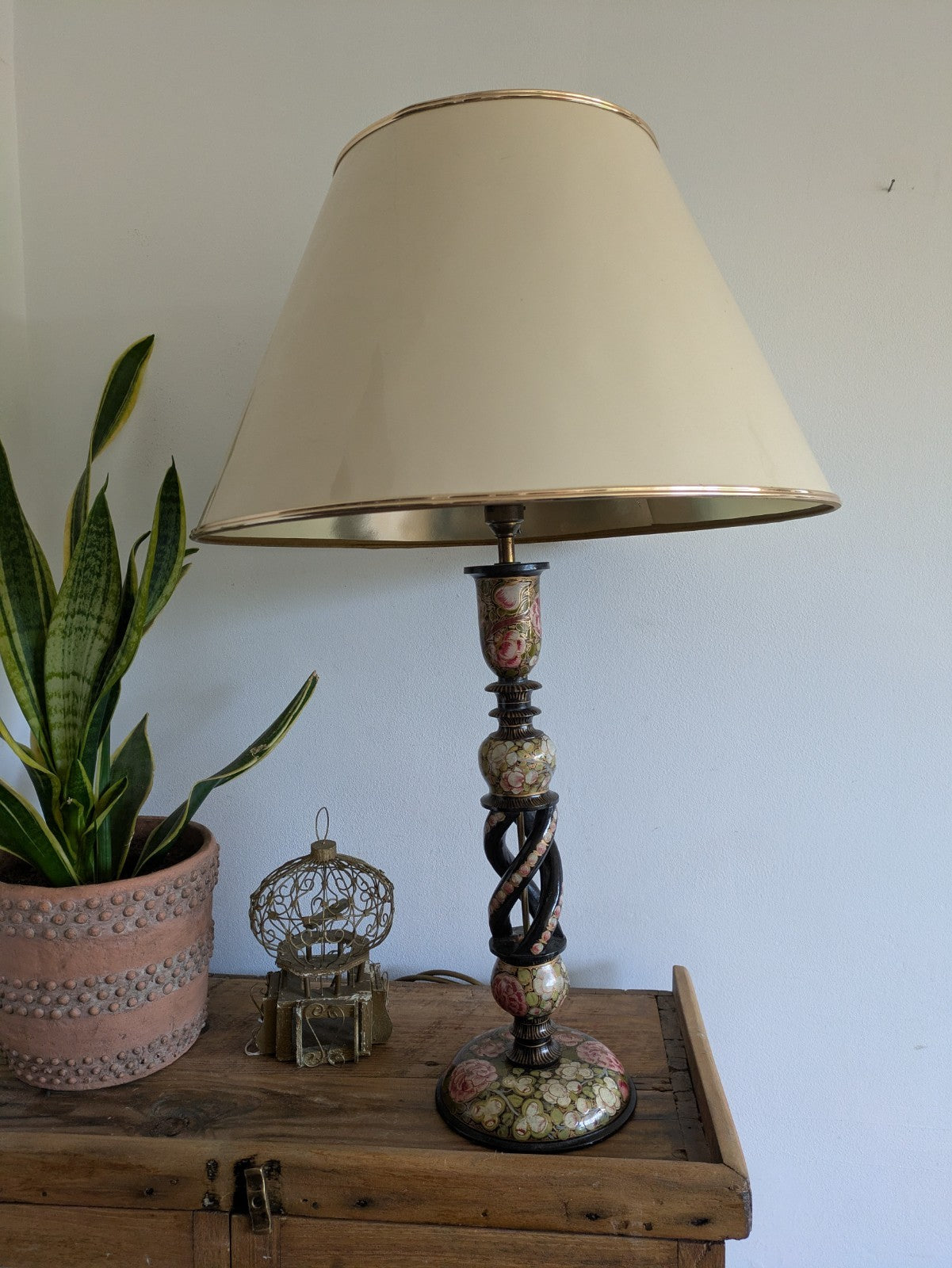 19th C Lamp Vintage Kashmiri Indian Lacquer Papier Mache Gilded Flower Cloisonne