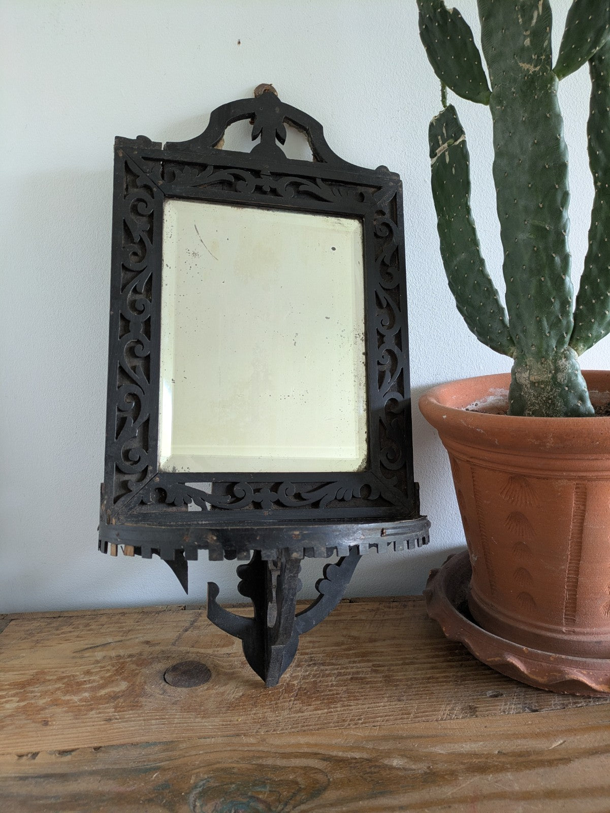 Antique 19th Cent Victorian Ebonised Wood Wall Sconce Mirror Glass Candle Shelf