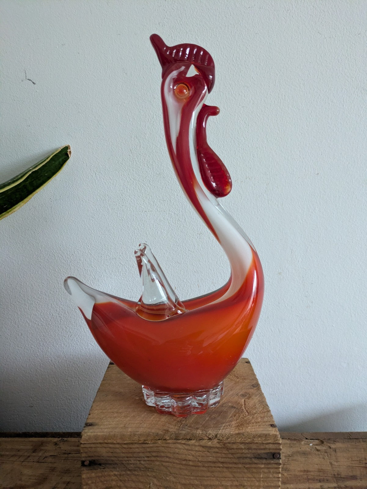Murano Sommerso Art Glass Figure Red White Rooster Chicken Hen Bird Figure MCM