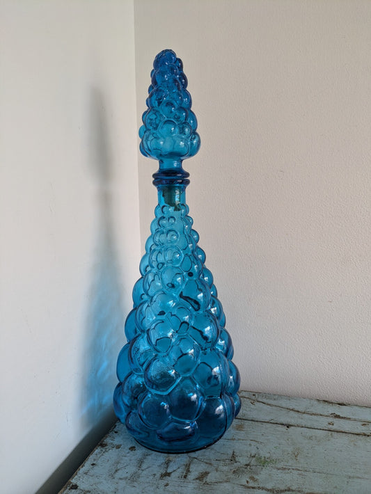 Vintage Italian Empoli Bubble Glass Decanter Blue with Stopper Made in Italy Vgc