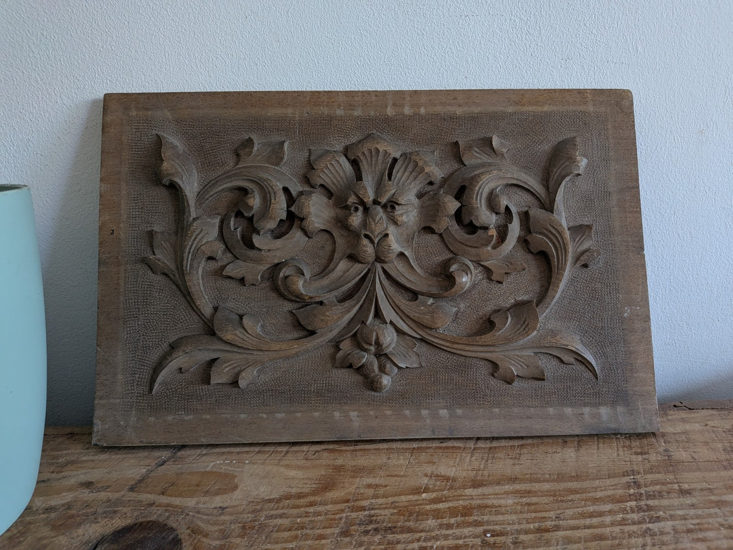 Antique Carved Wooden Panel Plaque Old Wood Victorian Green Man Head Face Scroll