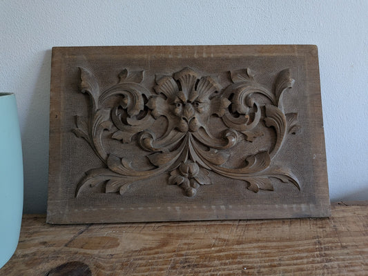 Antique Carved Wooden Panel Plaque Old Wood Victorian Green Man Head Face Scroll