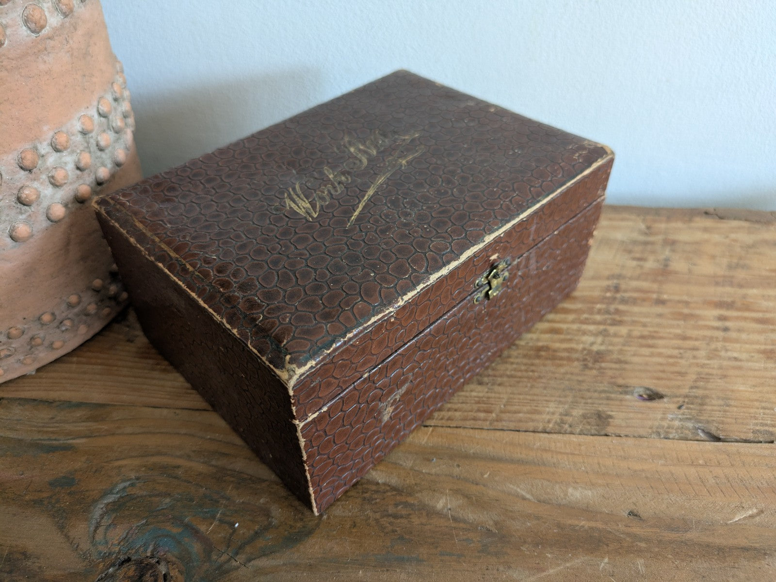 Antique Faux Crocodile Brown Leather Child’s Sewing Box with Contents Workbox 