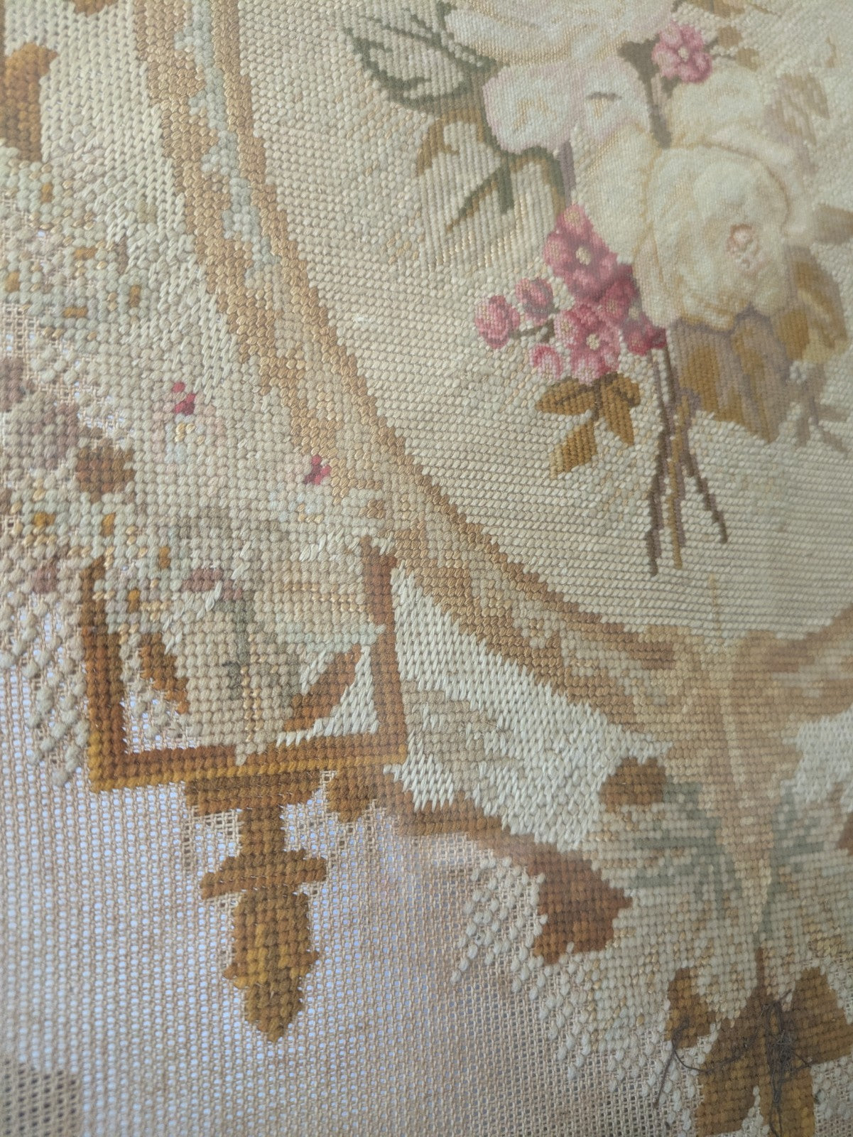 Antique French Needle Point Aubusson Floral Rose Rare Tapestry Framed Original 