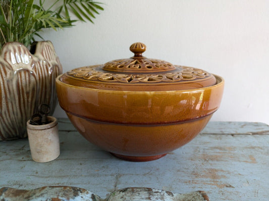 ANTIQUE LINTHORPE POTTERY CHRISTOPHER DRESSER no 1026 MUSTARD GLAZE LATTICE BOWL