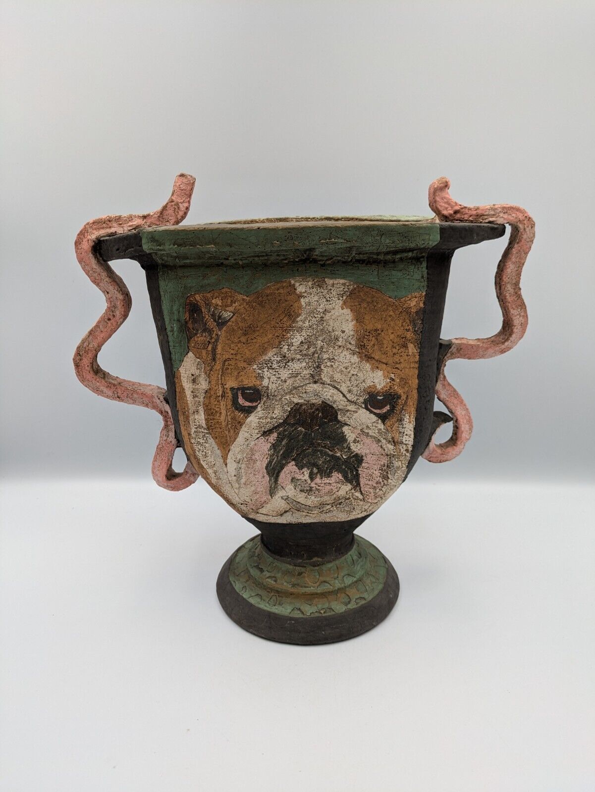 John Mullin Studio Bulldog Dog VASE Signed Contemporary Artist Stoneware Painted