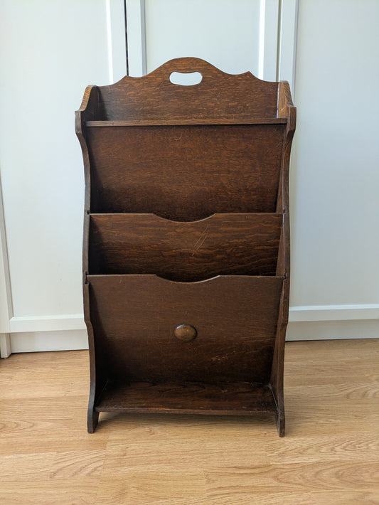Vintage Small Oak Magazine / Book Rack Dark Wood Prop Slimline With Handle Old