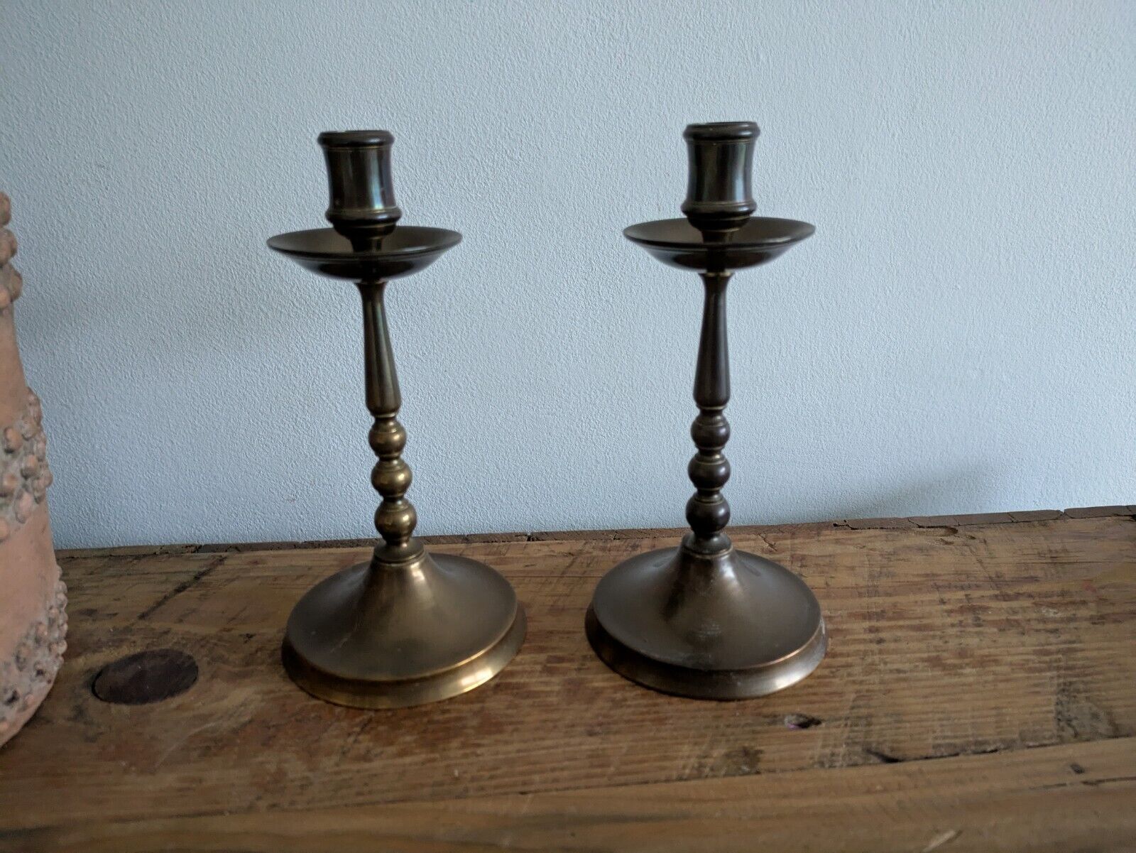 Pair Of Vintage Indian Brass Candle Holders Candle Sticks Set Two Prop Mantle