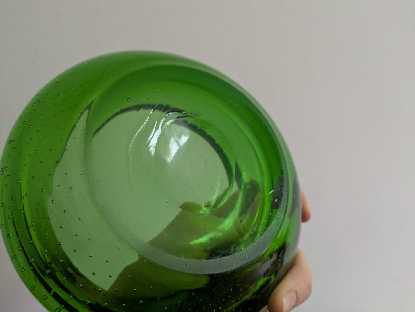 L Mid-Century Whitefriars Green Controlled Bubble Glass Ashtray/Bowl VTG Retro