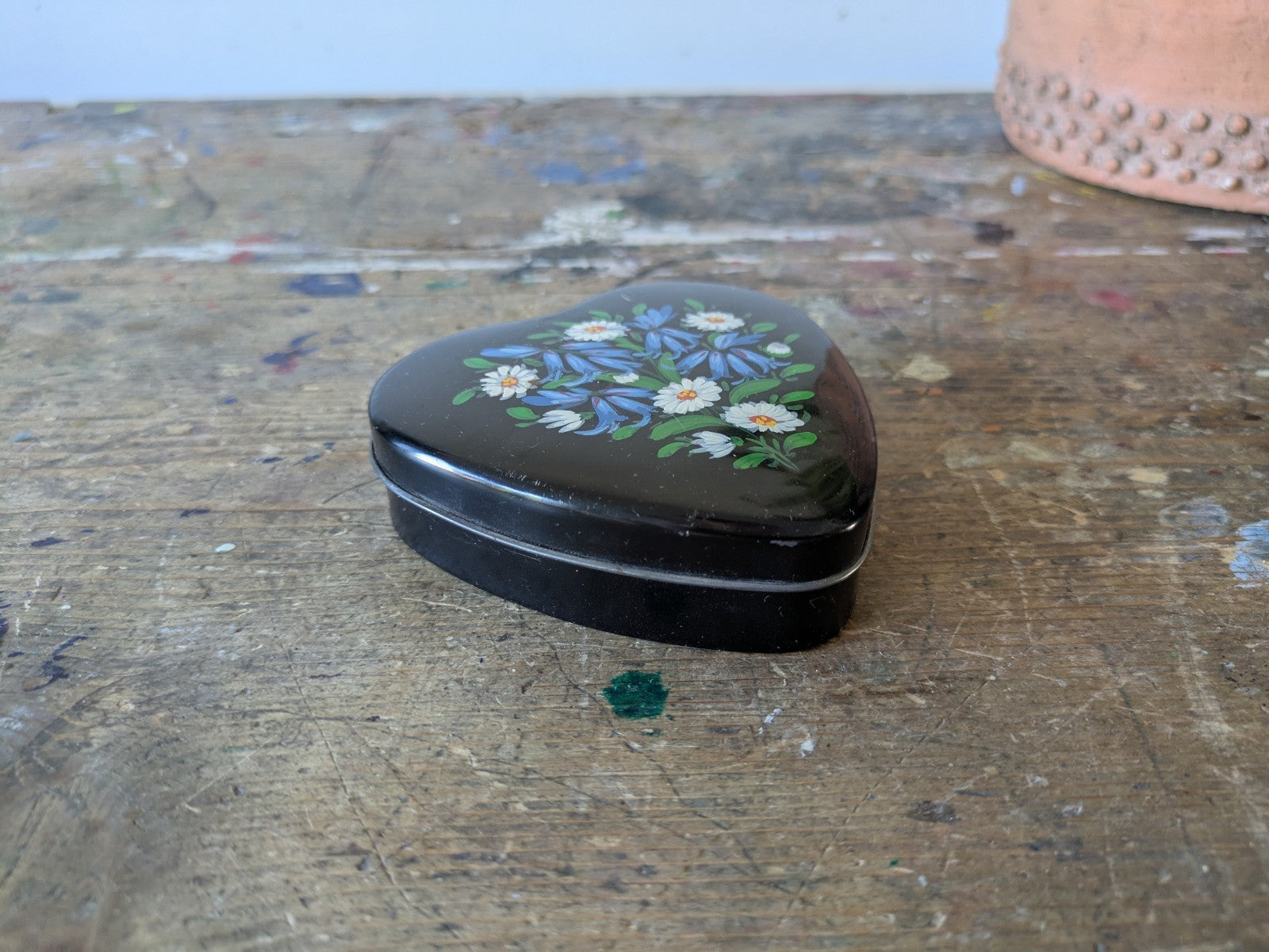 Adeline Ford Norfolk Hand-painted Floral Black Heart Shaped Tin Pot Trinket Box