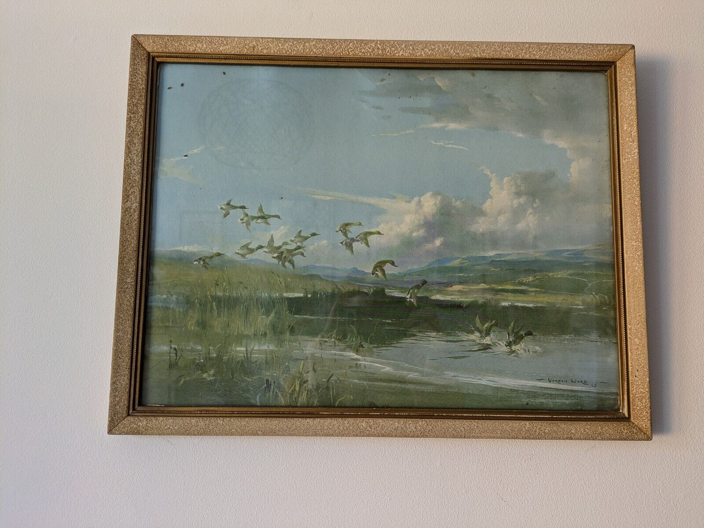 Vintage Vernon Ward Print Framed Art Painting The Flight Back 1945 Flying Ducks