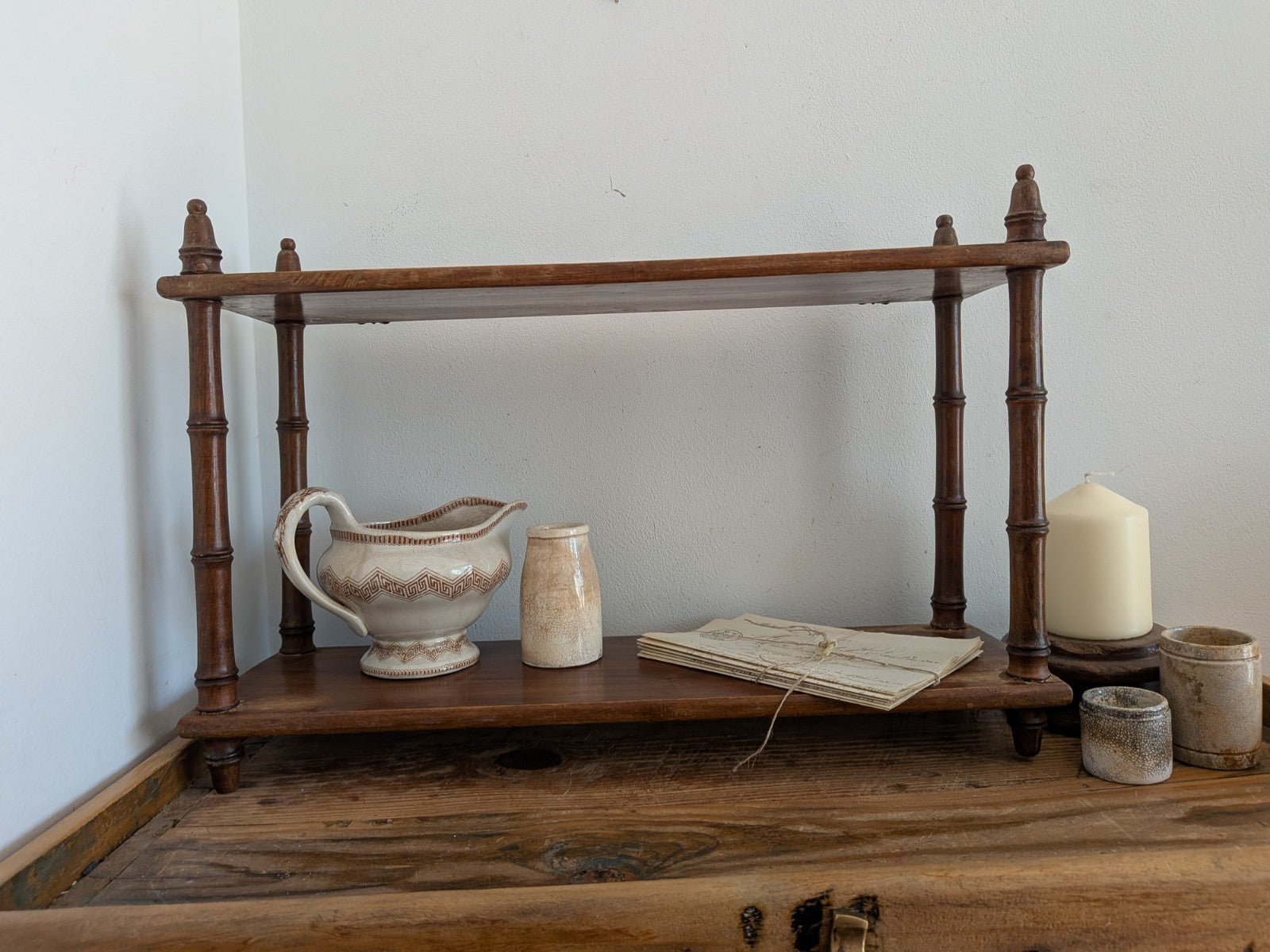 Antique Vintage French Faux Bamboo Wall Shelf Two Tier Wooden Finials Bookshelf 