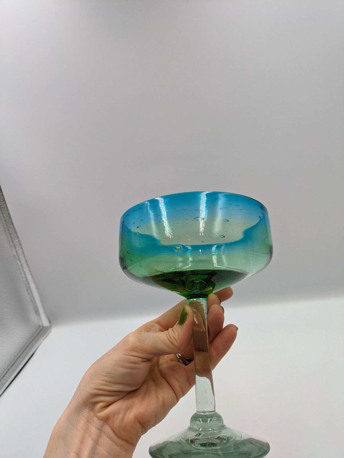 Vtg Hand Blown Aqua Blue and Green Margarita Glasses Two Toned Glass Bubbles Vgc
