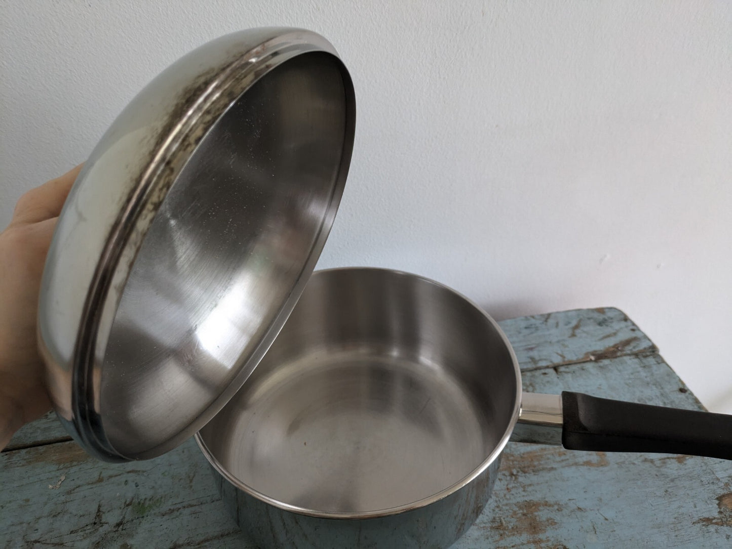 Vintage Retro Meyer Stainless Steel Cookware Stock Pot Saucepan w/lid Prop Old