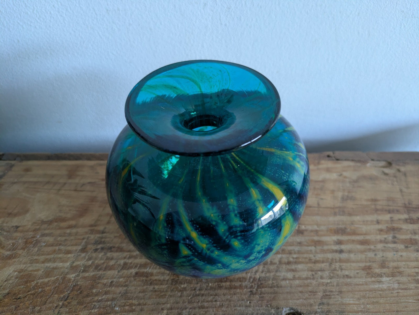 SIGNED Mdina 'Roman' Maltese Blue & Yellow Glass Squat VaseChevron 1970s VTG 