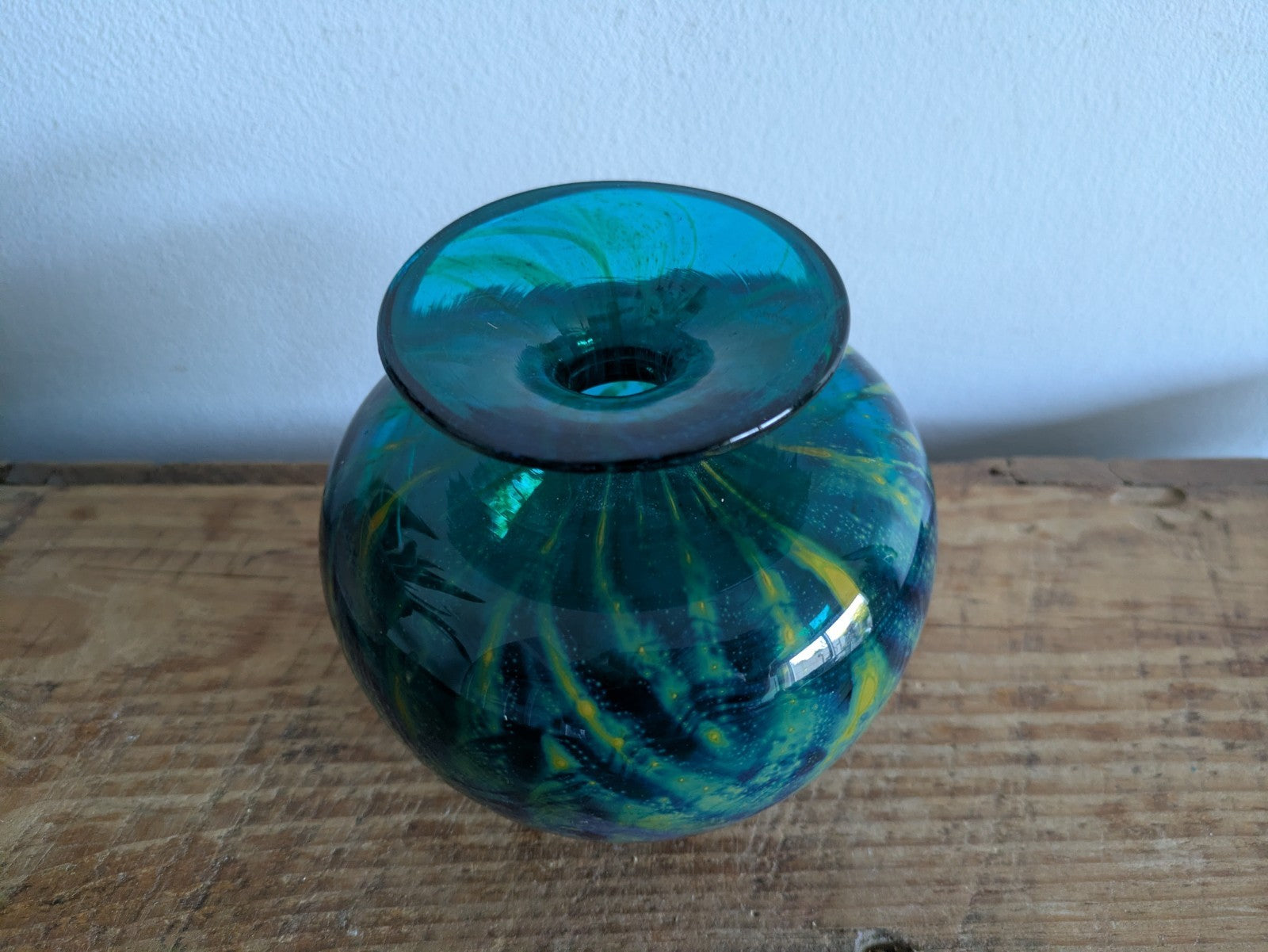 SIGNED Mdina 'Roman' Maltese Blue & Yellow Glass Squat VaseChevron 1970s VTG 