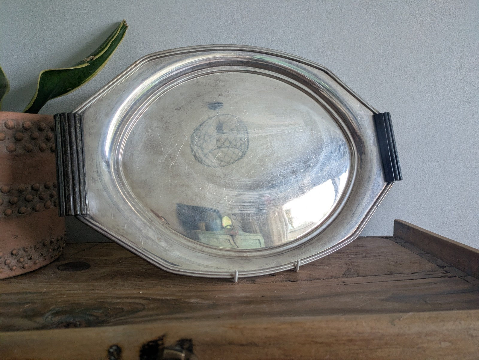 Elkington & Co Antq Silver Cardinal Plated Butler Serving Tray Deco Wood Handles
