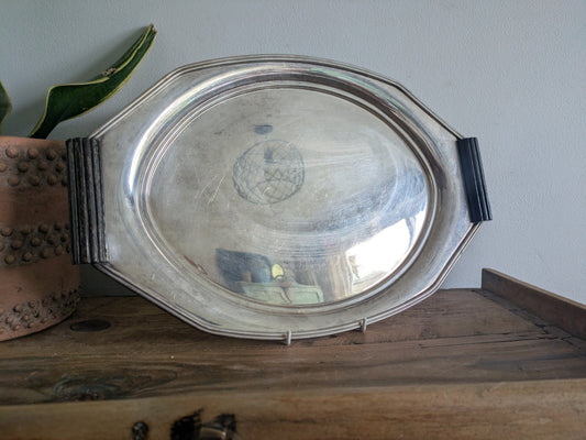 Elkington & Co Antq Silver Cardinal Plated Butler Serving Tray Deco Wood Handles