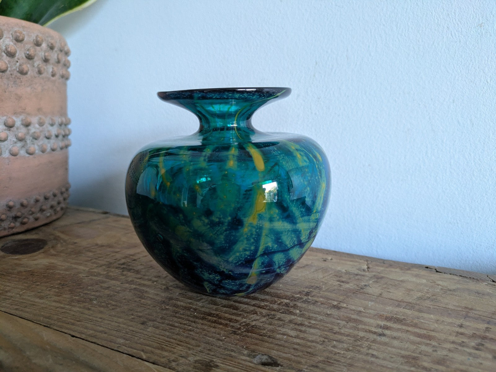 SIGNED Mdina 'Roman' Maltese Blue & Yellow Glass Squat VaseChevron 1970s VTG 
