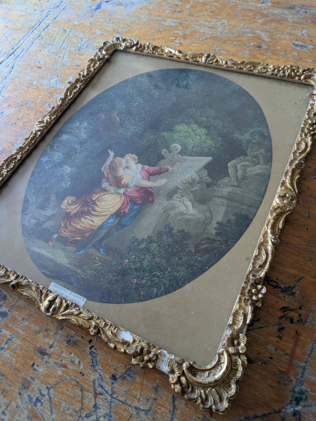Antique 19th Cent Colored Engraving Le Serment d'Amour  The Lover's Oath Framed 