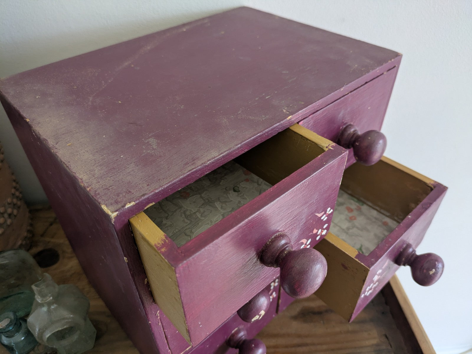 VTG Painted Drawer Office Craft Drawers Table Desk Top Index Work Sewing Purple