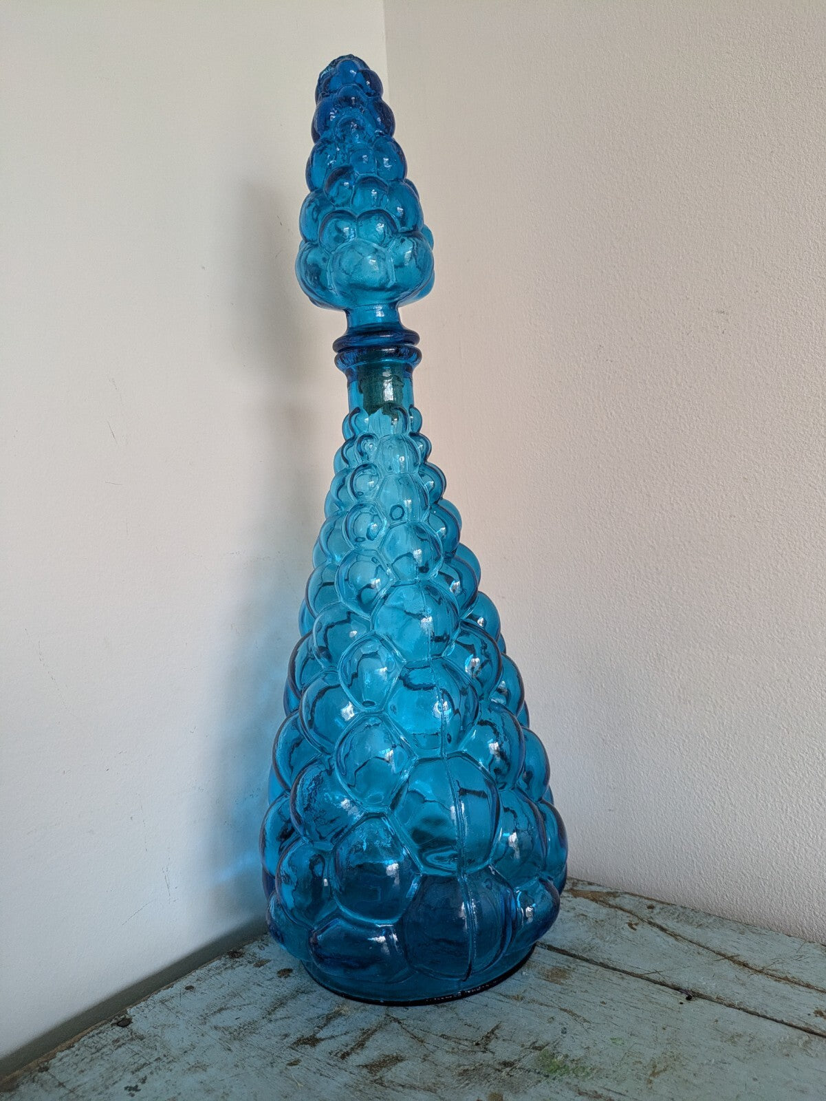 Vintage Italian Empoli Bubble Glass Decanter Blue with Stopper Made in Italy Vgc