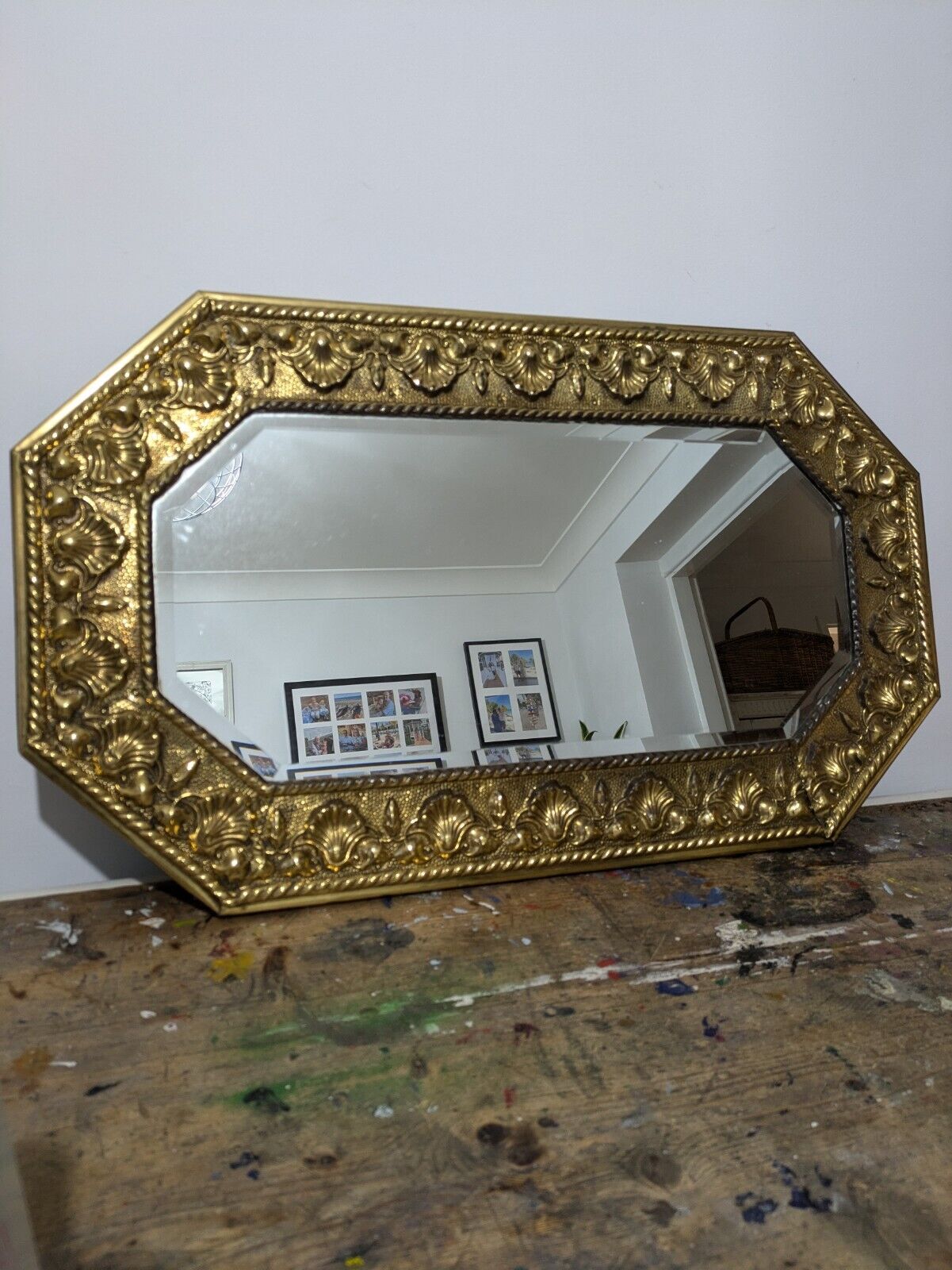 Antique 1920s Bevel Edged Brass Shell Embossed Wall Mirror Vintage Mantle Prop 