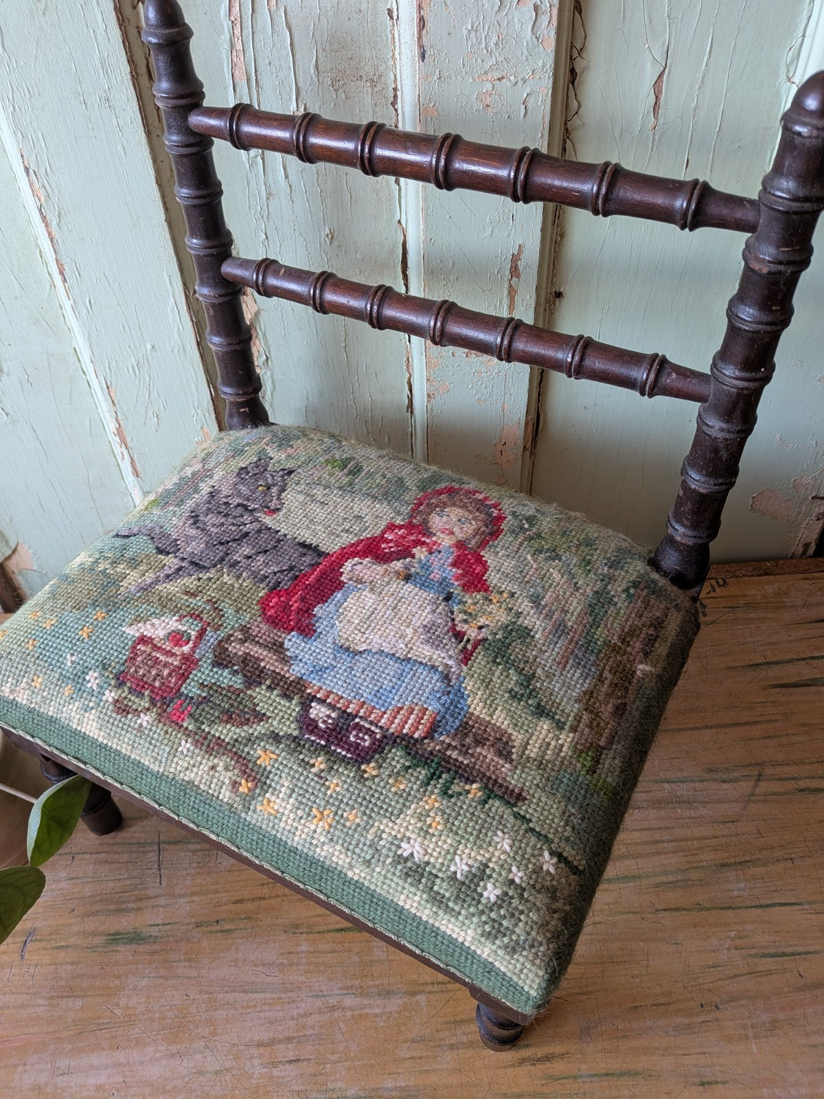 Antique Bobbin Faux Bamboo Childs Chair Apprentice Tapestry Seat Red Riding Hood