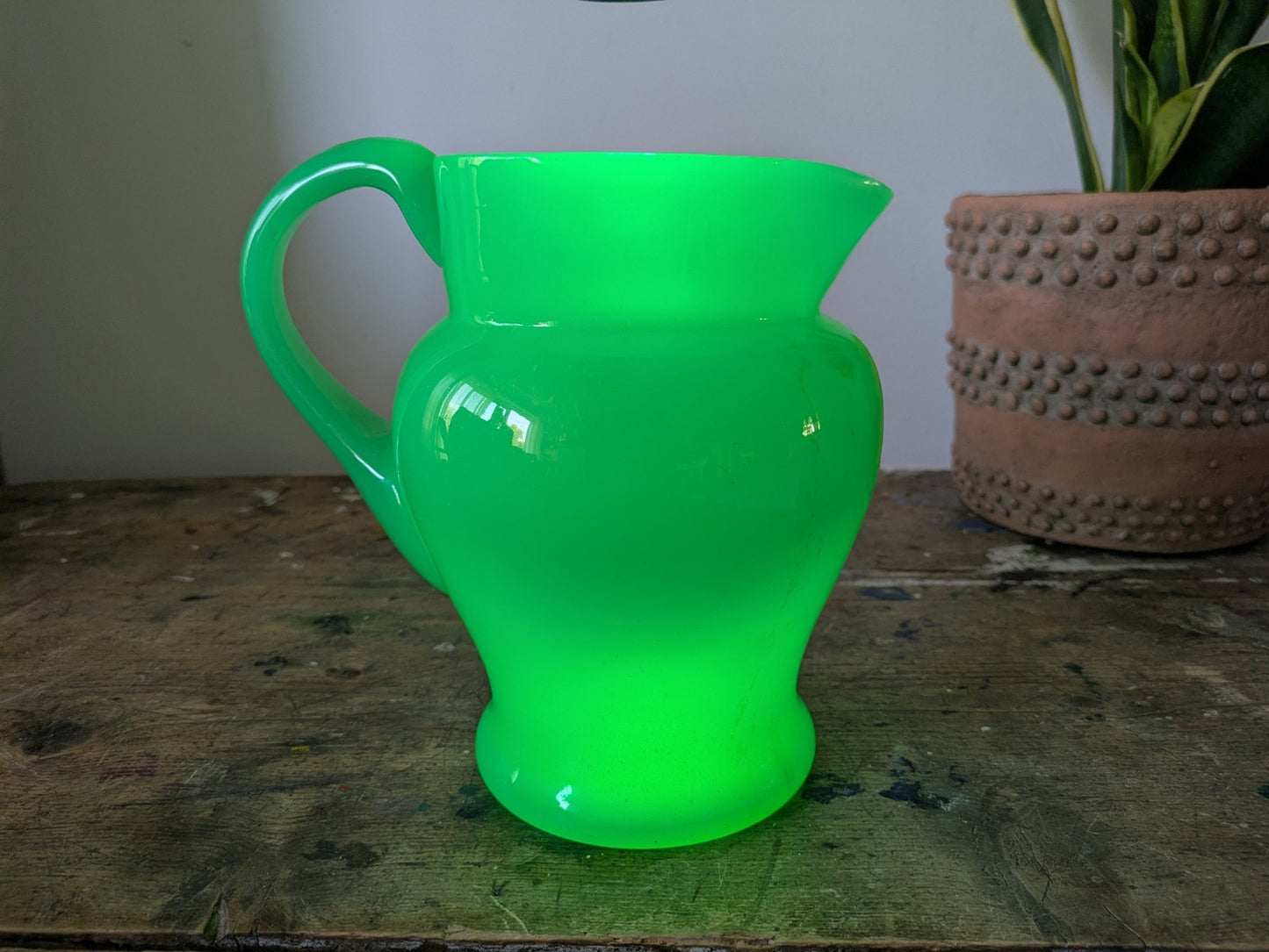 Antique Green Uranium Glass Water Jug Pitcher Jade Jadeite Art Deco Opaque Large
