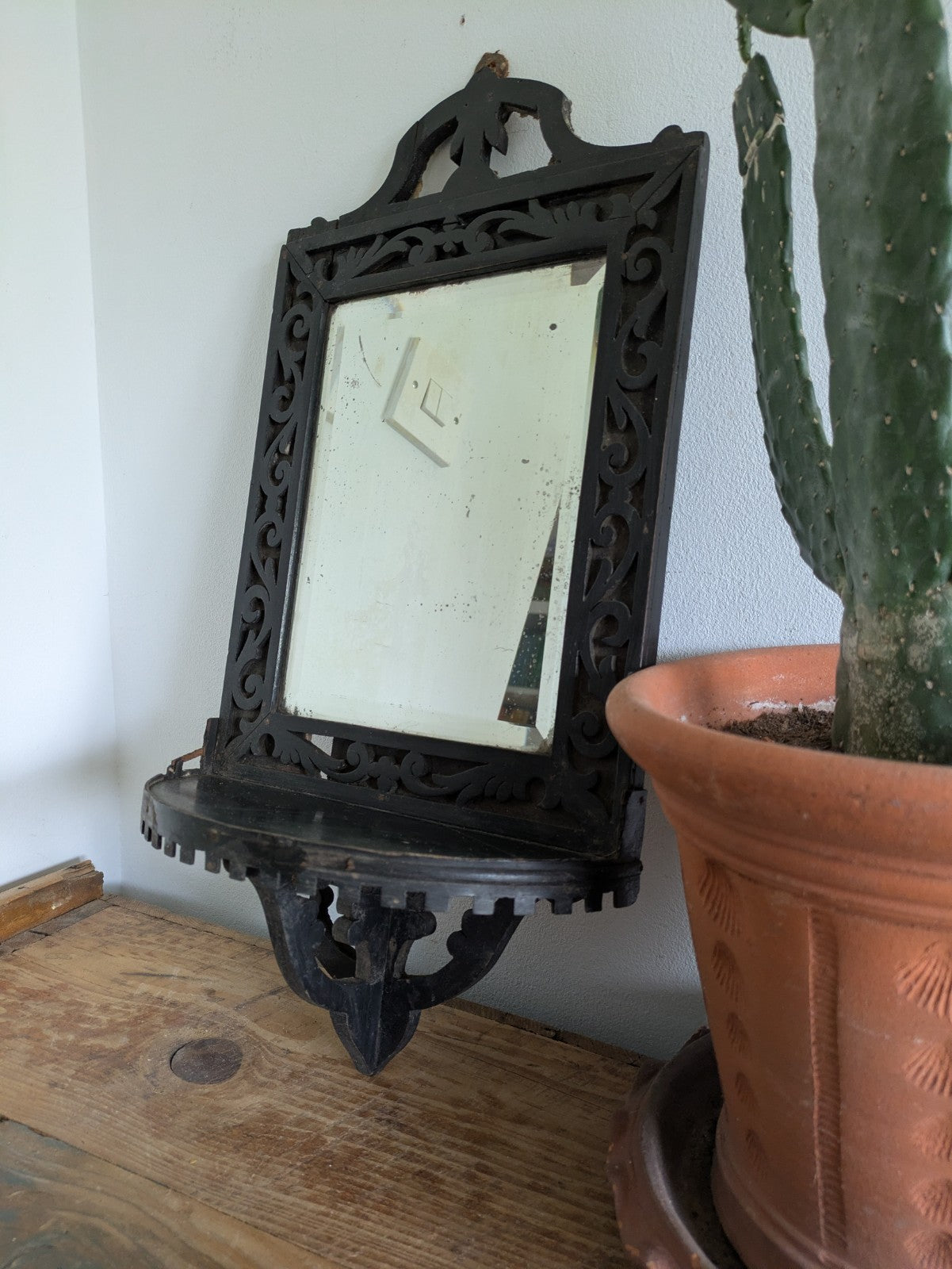 Antique 19th Cent Victorian Ebonised Wood Wall Sconce Mirror Glass Candle Shelf