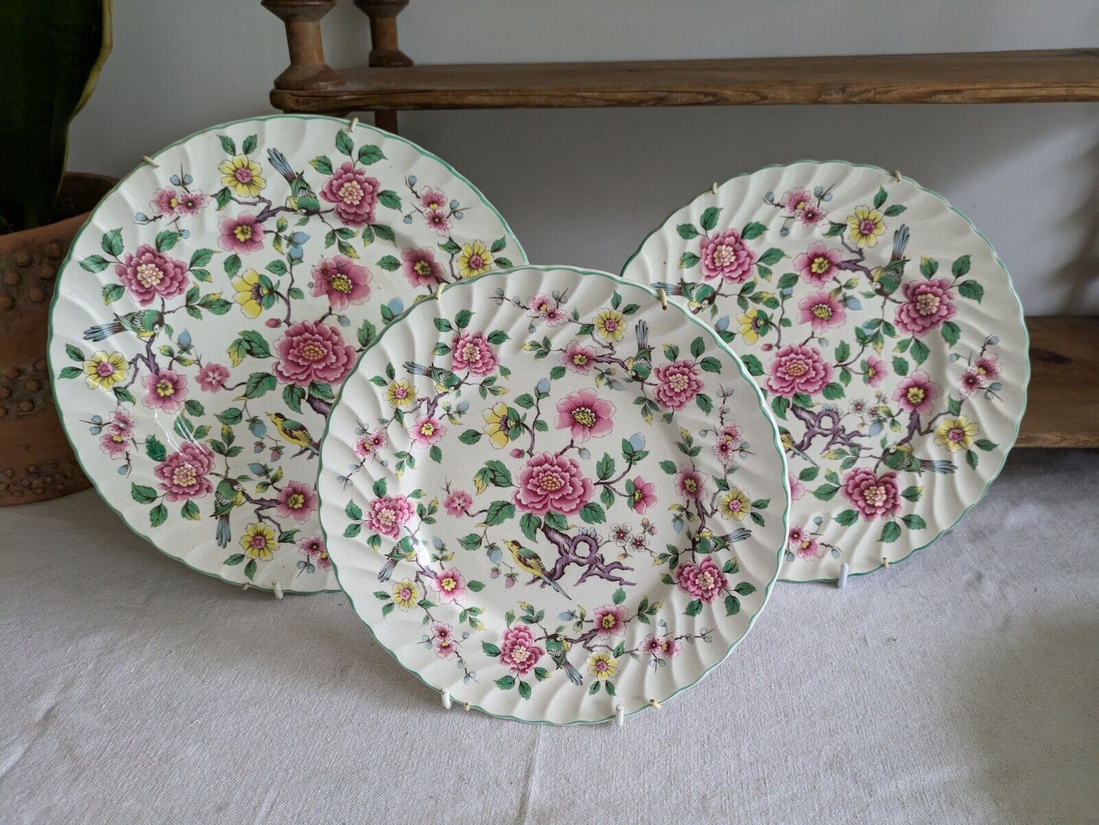 3x Vintage James Kent Old Foley 'Chinese Rose' Starter Salad Dinner Plate Set Vg