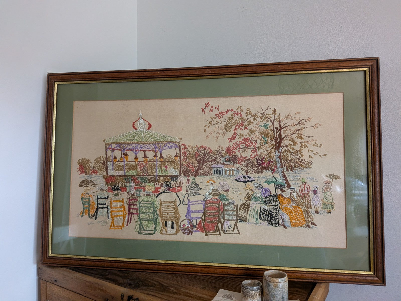 Vintage Cross Stitch Victorian Band Stand Play Framed Embroidery Crewel Large