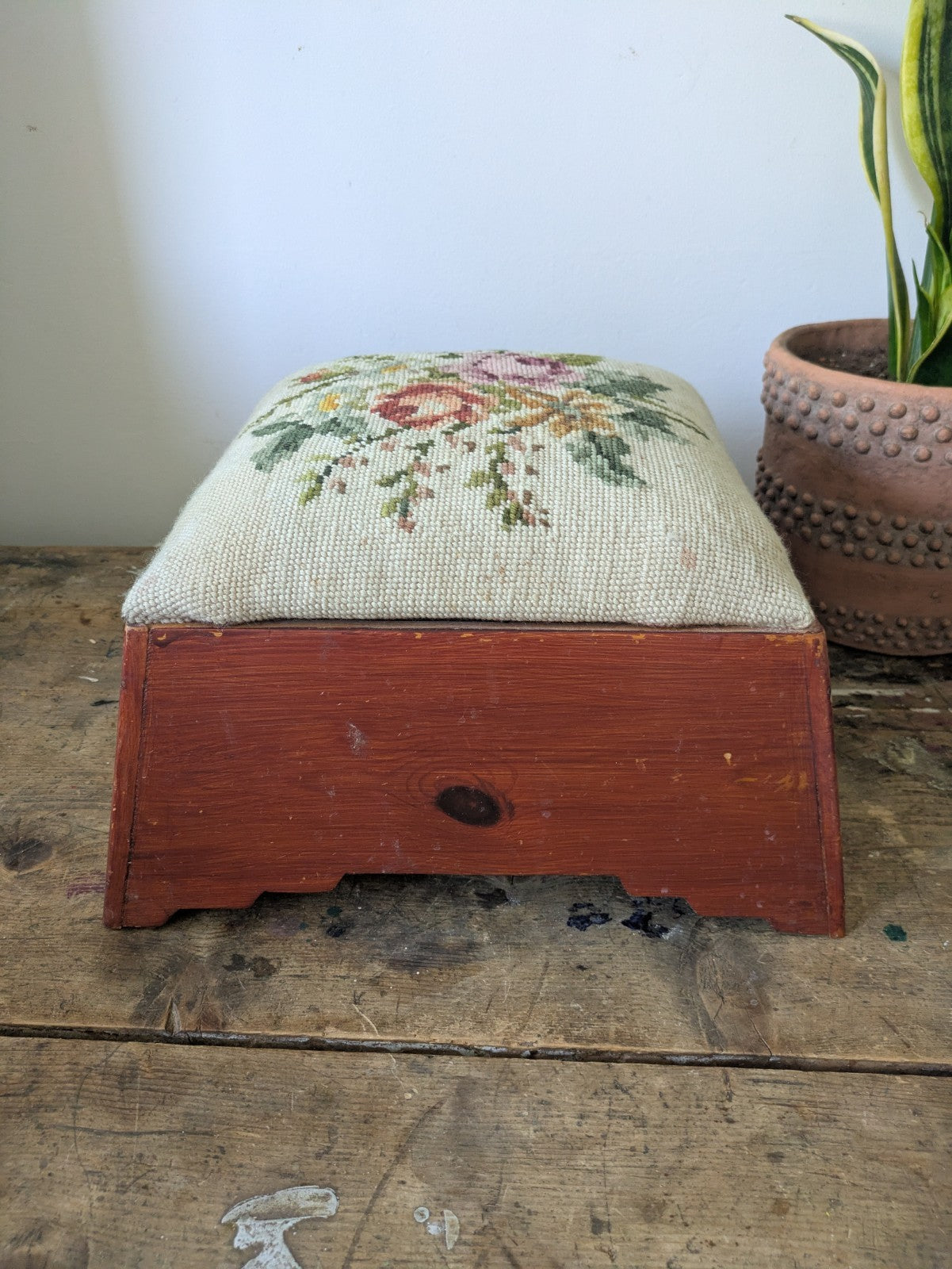 Vintage Tapestry Floral Stool Pine Base Rose Tapestry Top Footstool Original Old