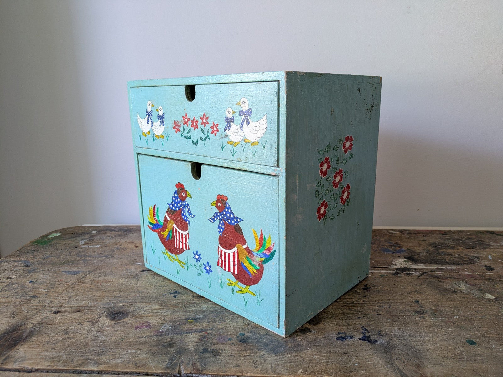 Folk Art Chicken CHEST of DRAWERS BOX KITCHEN Storage Wood Jewellery Vtg Floral