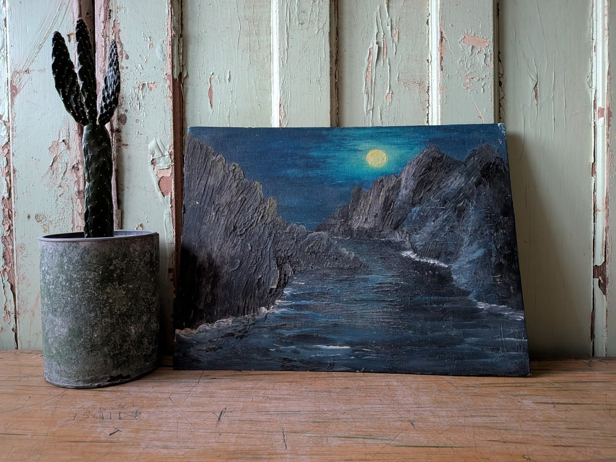 Vtg Painting Oil On Board Picture Landscape Seascape Moonlight Sea Shore Rocks 