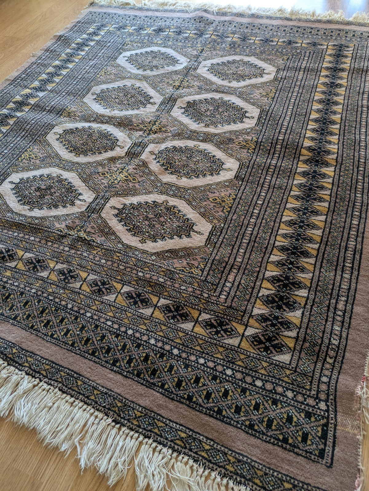 Cream Bokhara Hand Knotted Oriental Wool Afghan Turkmen Area Rug Gul Motif  Vgc