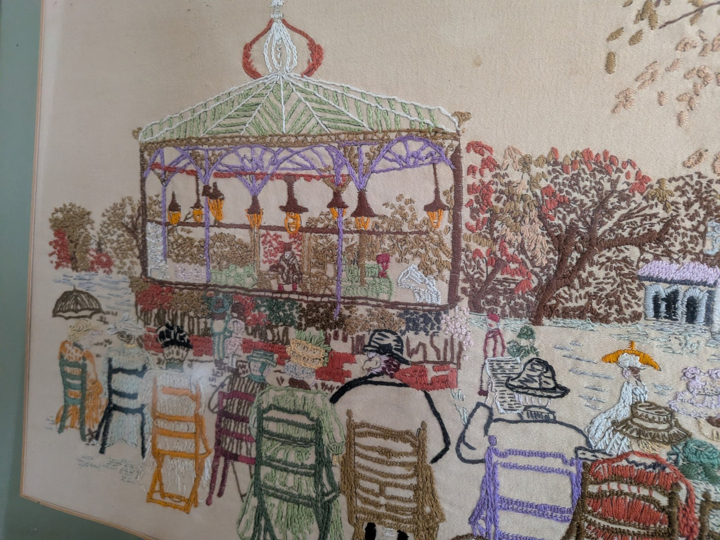 Vintage Cross Stitch Victorian Band Stand Play Framed Embroidery Crewel Large